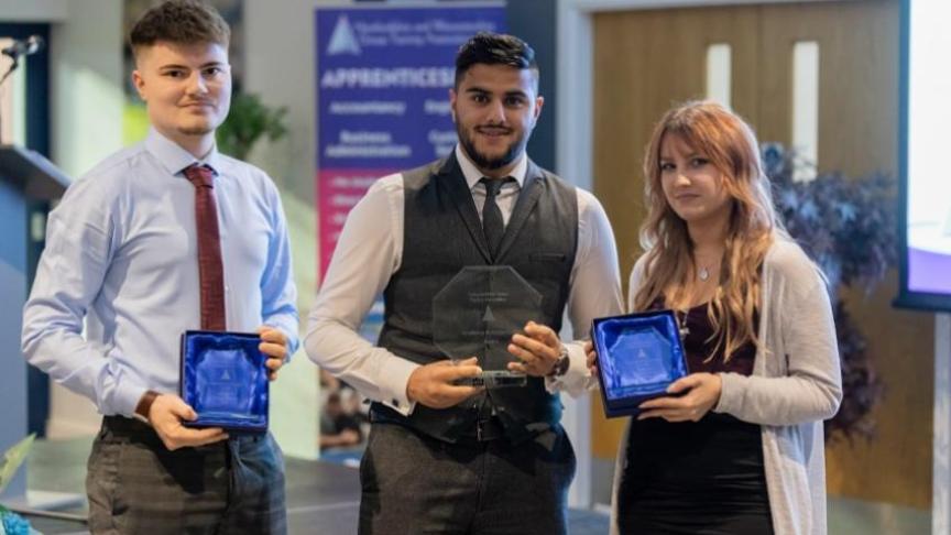 Sanctuary apprentices Matthew Ellis and Keeley Ash with former Sanctuary apprentice Faisal Zaib at the WGTA Apprenticeship Awards ceremony