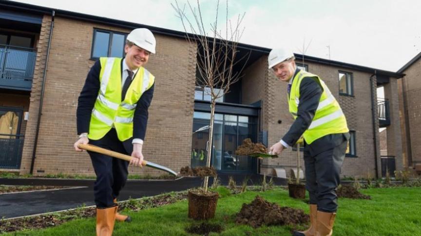 Worcester MP Robin Walker and Sanctuary group chief executive Craig Moule planting a tree at Sanctuary's new development in Cranham Drive