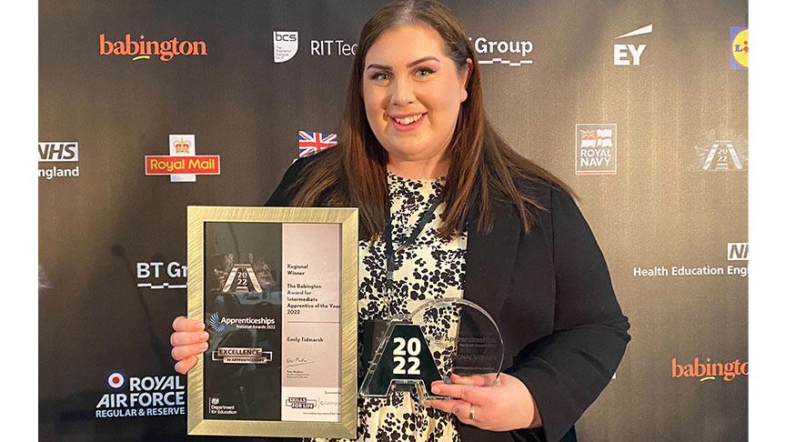Emily Tidmarsh named Intermediate Apprentice of the Year at the West Midlands regional finals of the National Apprenticeship Awards