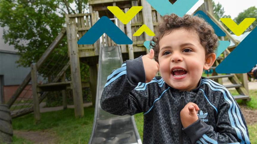 Child in Adidas jacket gives thumbs-up in front of playground slide, face blurred for privacy, with colorful geometric shapes overlaid.