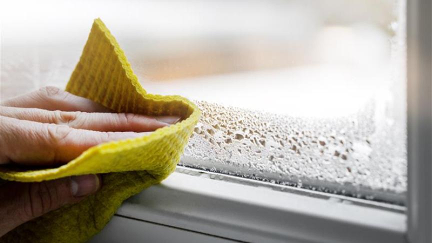 Hand wiping condensation from a window, showing early signs of damp.