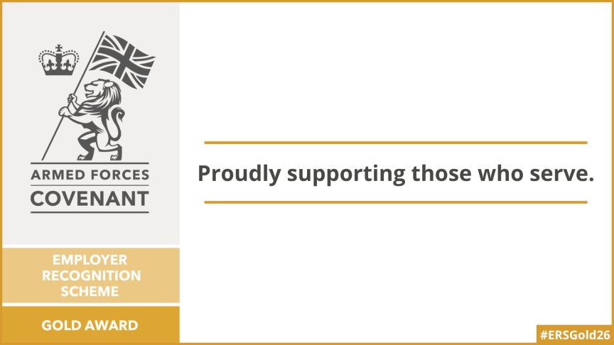 Armed Forces Covenant Employer Recognition Scheme Gold Award logo with the text “Proudly supporting those who serve”.