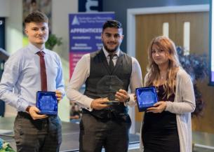 Sanctuary apprentices Matthew Ellis and Keeley Ash with former Sanctuary apprentice Faisal Zaib at the WGTA Apprenticeship Awards ceremony