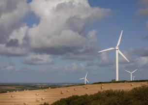 Windfarms producing green energy in the countryside