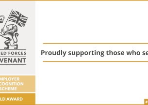Armed Forces Covenant Employer Recognition Scheme Gold Award logo with the text “Proudly supporting those who serve”.